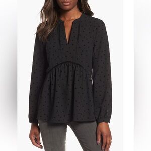 Gibson black velvet dot peplum top size Medium